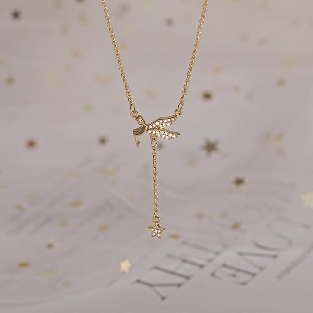 #NEW 925 Sterling Silver Diamond Angel Star Drop Necklace - Picture 2 of 4